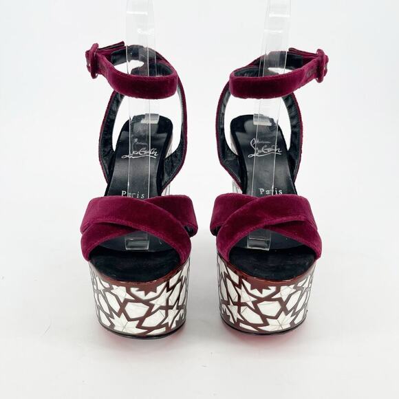 Christian Louboutin Burgundy Velvet Superyaz 160 Pearl Platform Sandal EU 37 - Picture 5 of 12